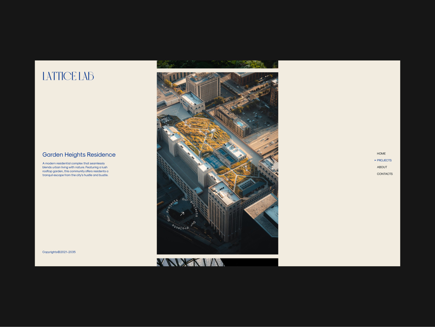 Aerial view of a large urban building with a rooftop garden featuring pathways and greenery, surrounded by city streets and other buildings.