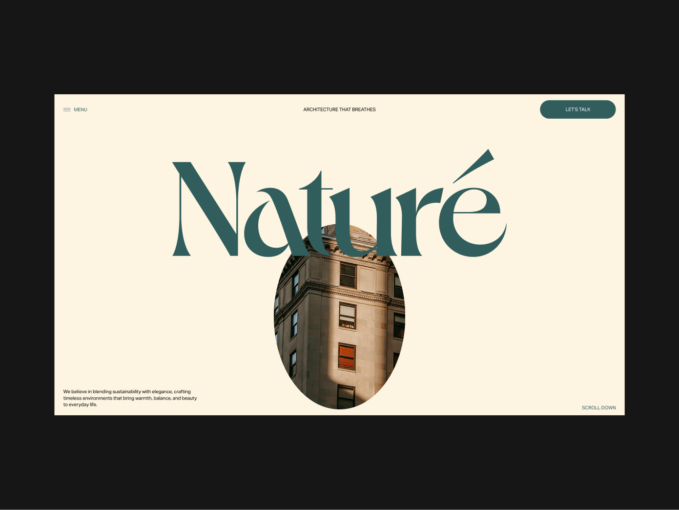 Website landing page with large text 'Naturé' over a beige background and an oval-shaped image of a building corner with windows in sunlight.