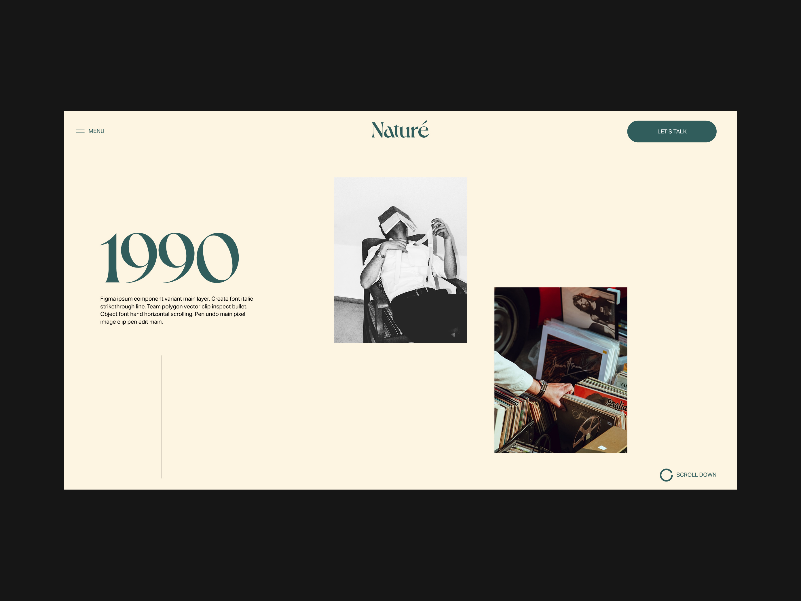 Website design for Naturé featuring large 1990 text, black and white photo of a person seated with books covering their face, and colored photo of a hand browsing vinyl records.