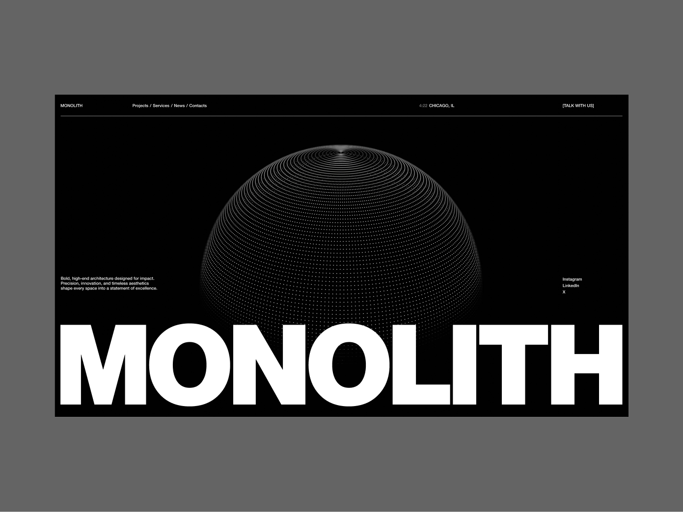 Black webpage with white dotted semi-sphere graphic and large bold text MONOLITH at the bottom.