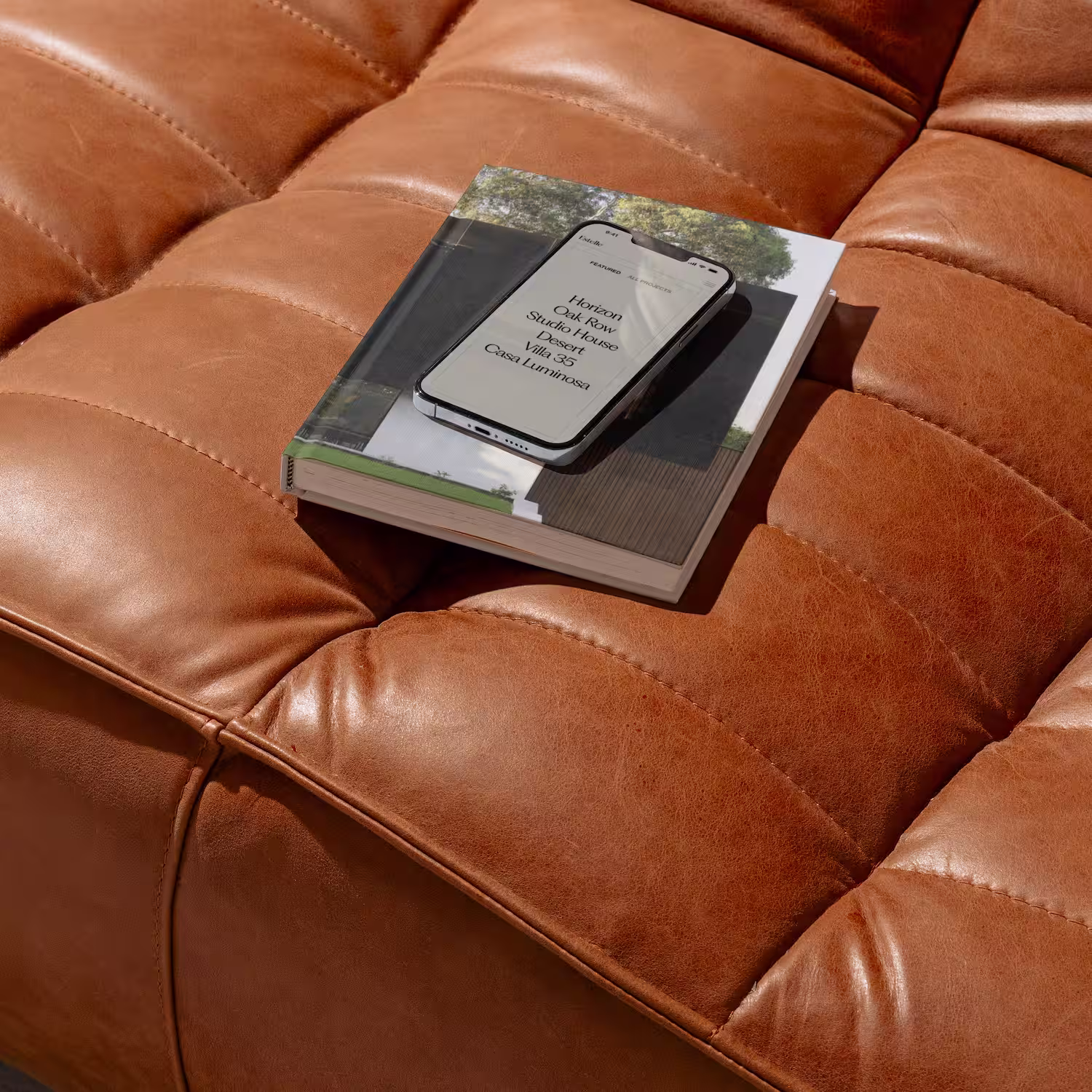 Smartphone displaying a list of projects resting on a book, placed on a tufted brown leather surface.